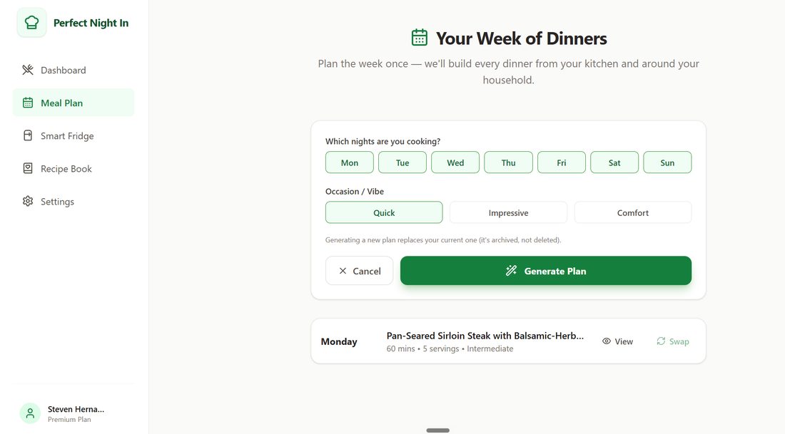The Perfect Night In — a generated week of dinners built from what's already in the kitchen