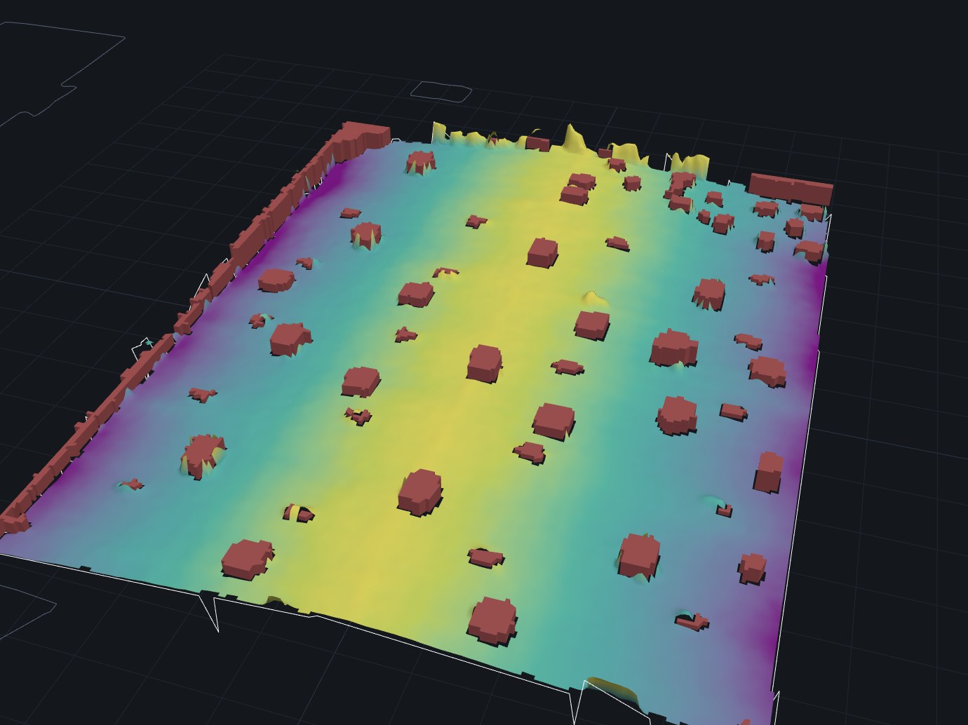 RoofScan 3D view of an industrial roof in Gilbert, AZ: the deck falls both ways from a central ridge, rooftop units shown as blocks