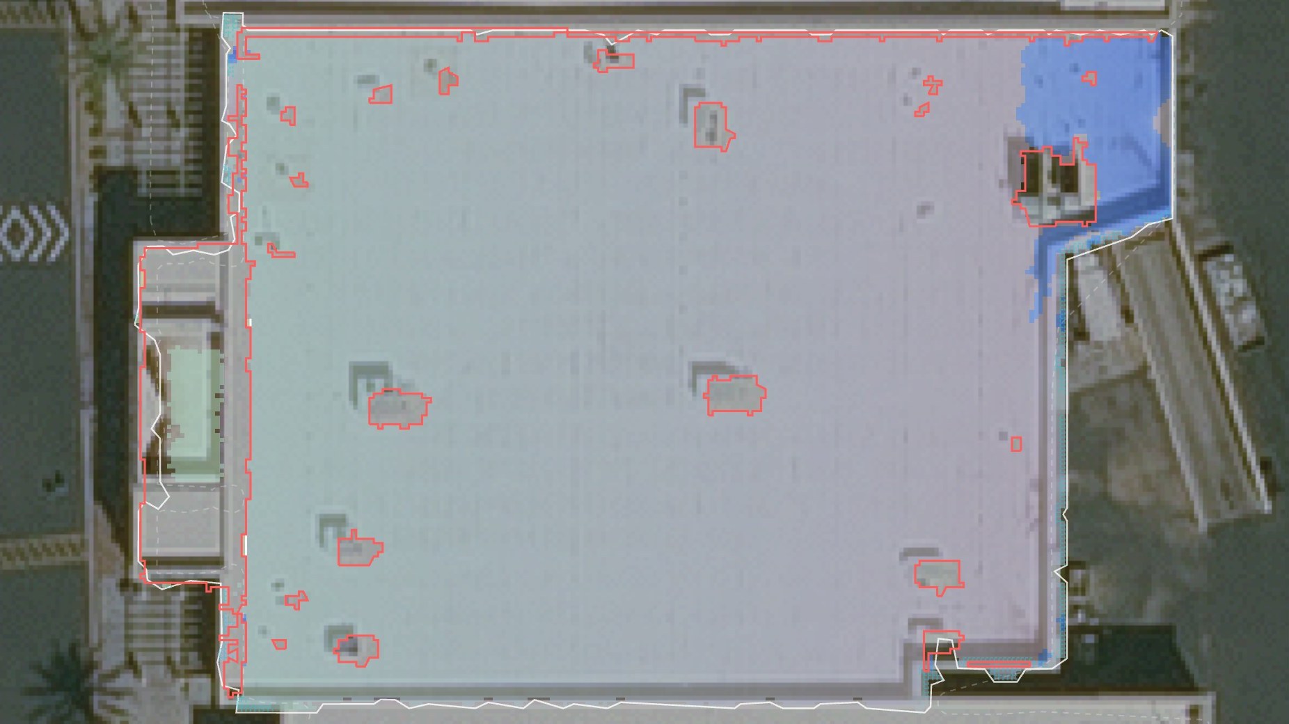RoofScan ponding view of a grocery store roof in Chandler, AZ: standing water shaded blue in the north-east corner, rooftop units outlined in red